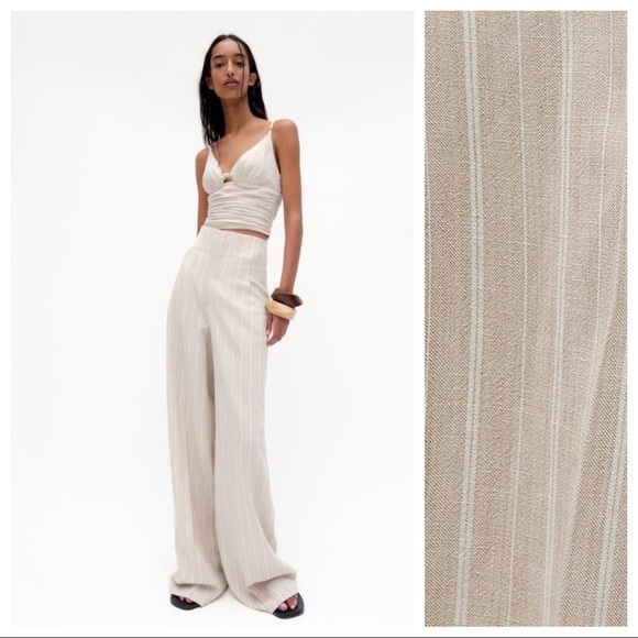 Zara Pants - NWT. Zara Sand Linen Blend Wide Leg Full Length High Waisted Trousers. Size XS.